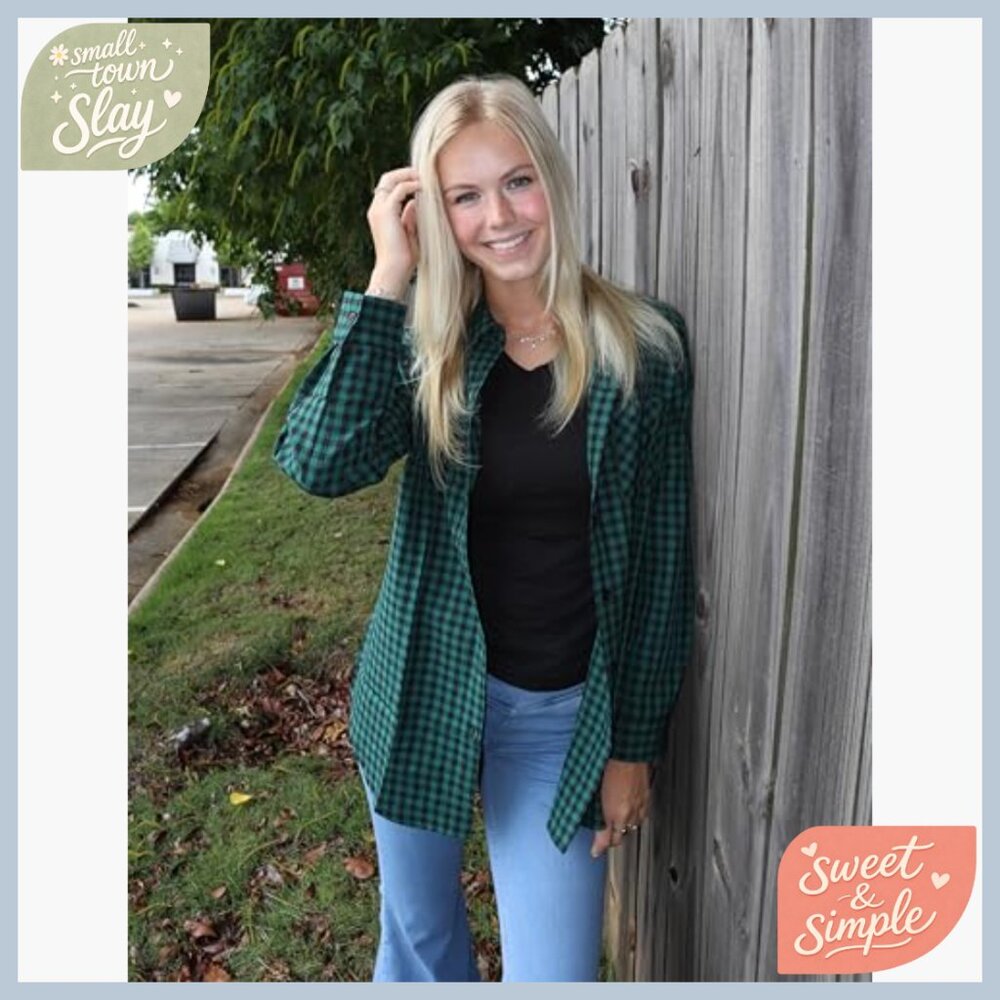Long Sleeve Plaid Button Down Shirt Regular Fit Polyester Blouse - Picture 5 of 7